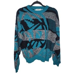 Vintage 90s Saturdays Abstract Wool Acrylic Sweater in Blue Grey Black